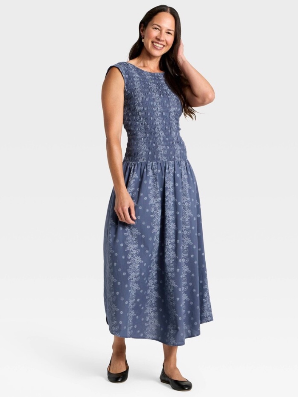 NEW Universal Thread Smocked A-Line Ruched Midi Dress Blue Floral 100% Cotton
